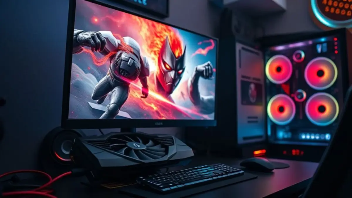 Setup gamer de alta performance com placa de vídeo potente e monitor 1440p exibindo jogo vibrante.