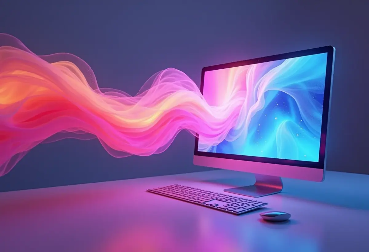 Lively Wallpaper Open Source: A revolução na sua área de trabalho? Animação abstrata de papéis de parede dinâmicos integrando-se a um espaço de trabalho futurista.