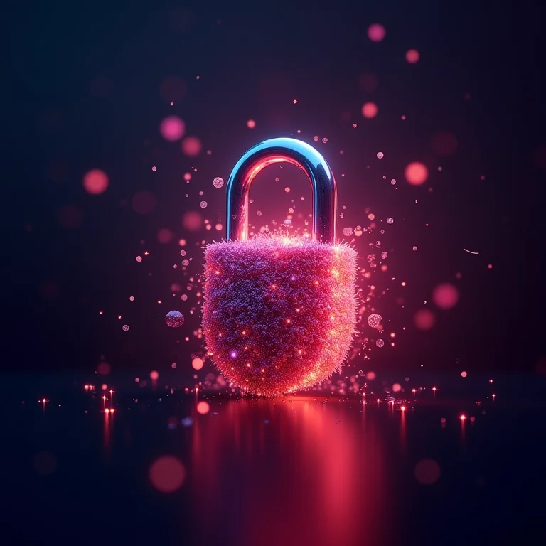 Cadeado se dissolvendo em partículas luminosas, representando o código aberto do Lively Wallpaper.