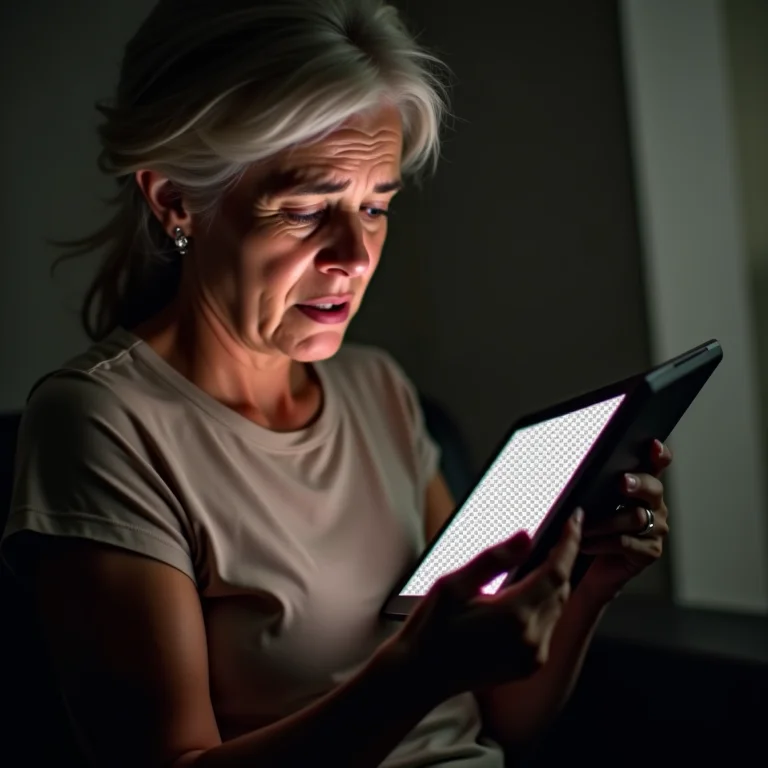 Idosa com dificuldades para ver imagem PNG pixelada em tablet