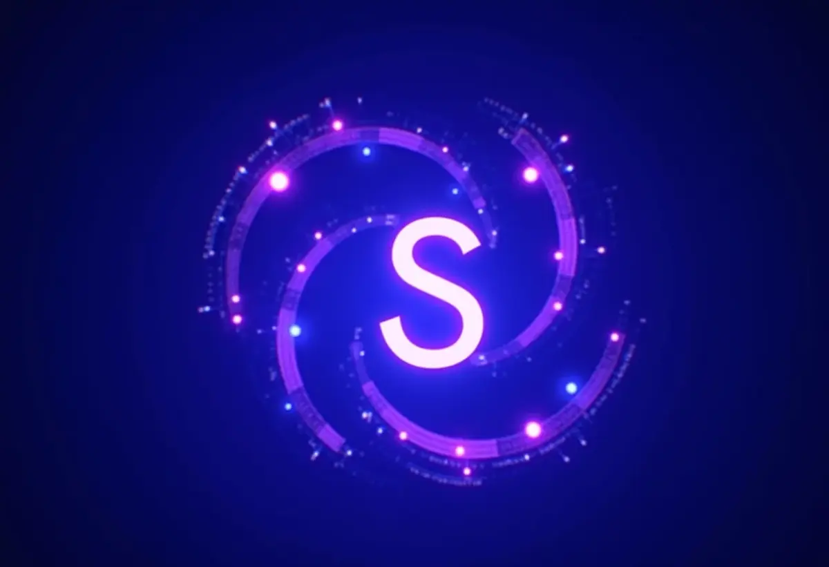 Logo ES6+ brilhando com símbolos JavaScript em volta