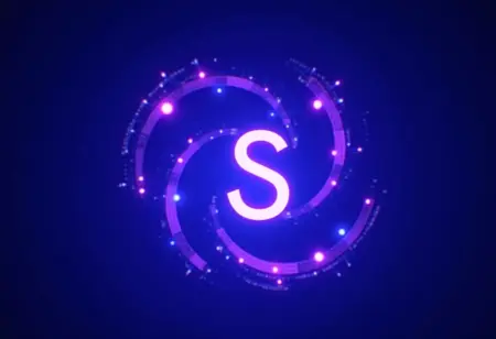Logo ES6+ brilhando com símbolos JavaScript em volta