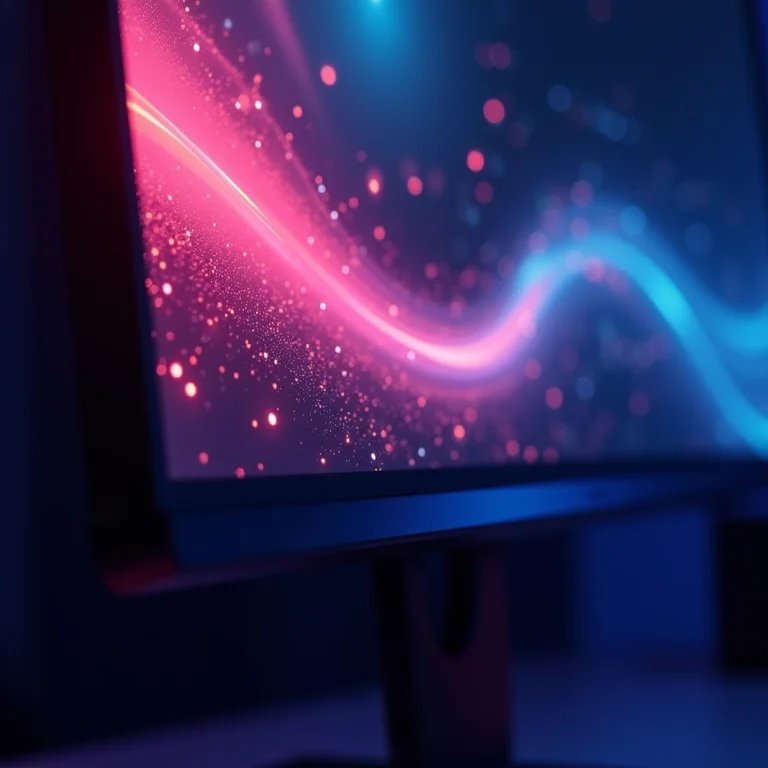 Monitor exibindo papel de parede dinâmico com efeitos de partículas e iluminação RGB.