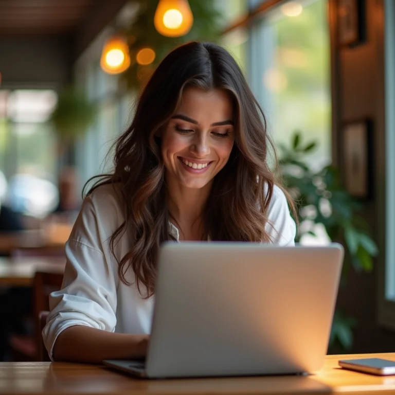 Usuária utilizando Google Docs em um café.