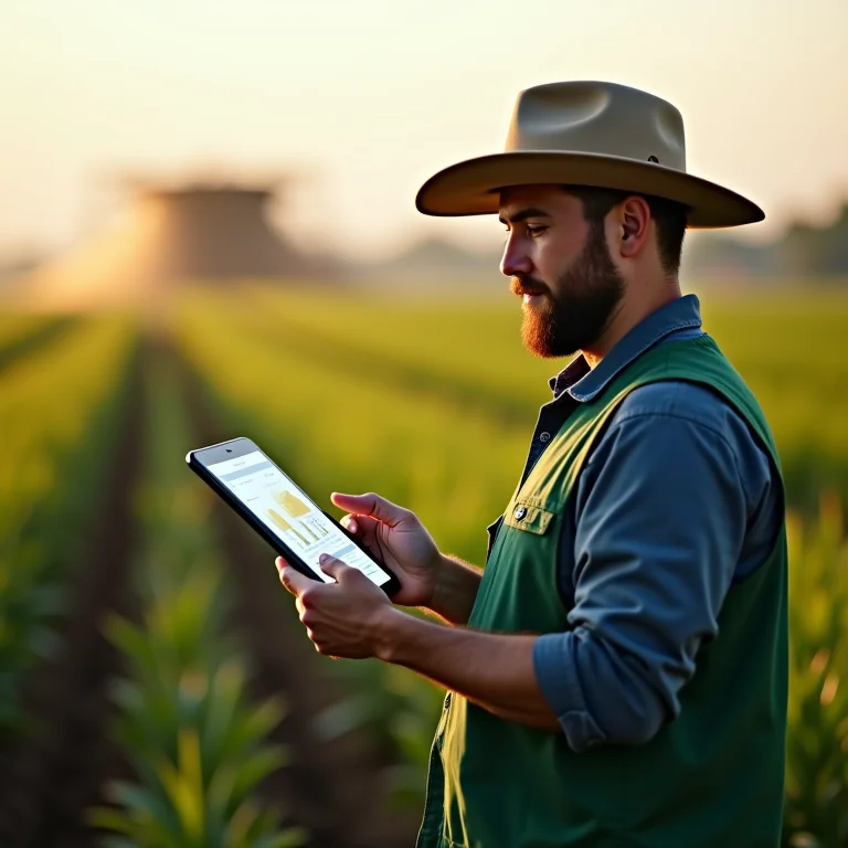 Agricultor utilizando tablet com dados meteorológicos e análise de safra.