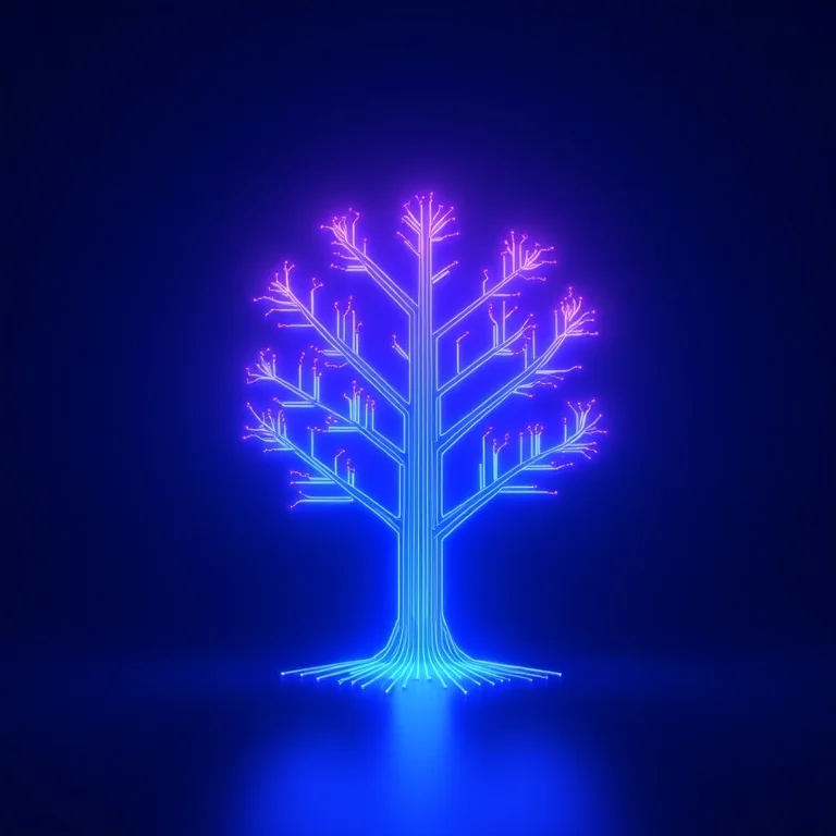 Árvore de circuitos brilhantes simbolizando os benefícios da IA em políticas de viagens.
