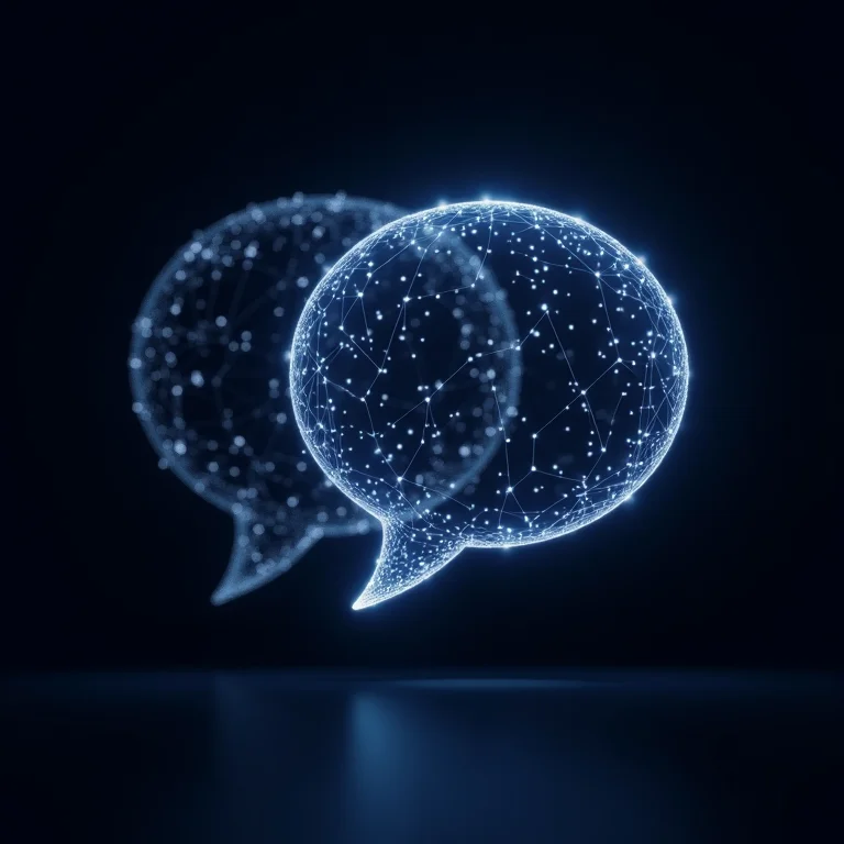 Balão de fala feito de nós interconectados representando PNL