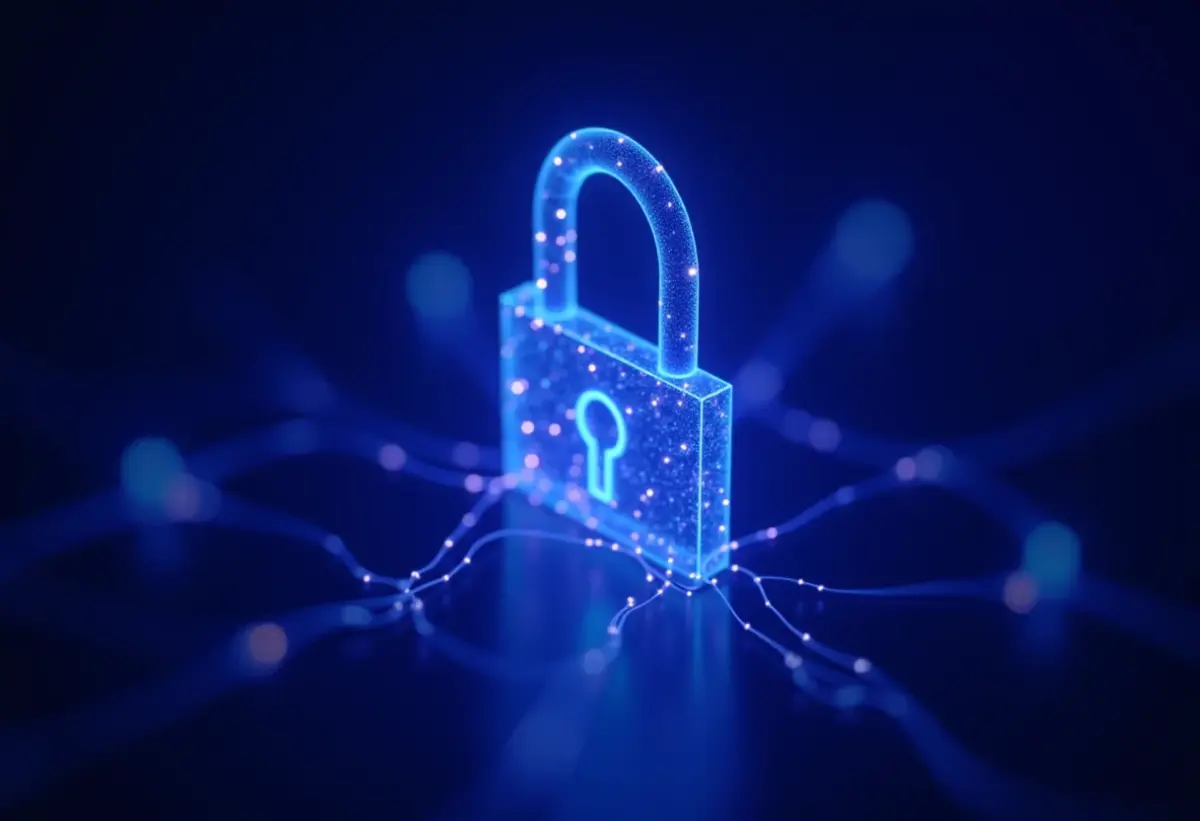 Cadeado digital formado por nós interconectados, representando a segurança do Bitwarden.