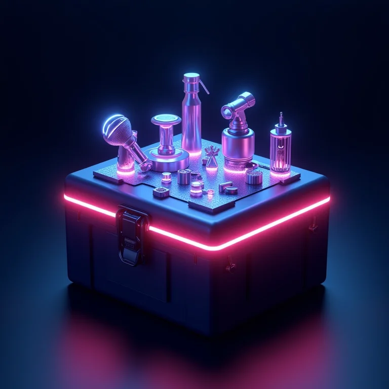 Caixa de ferramentas com recursos tecnológicos brilhantes.