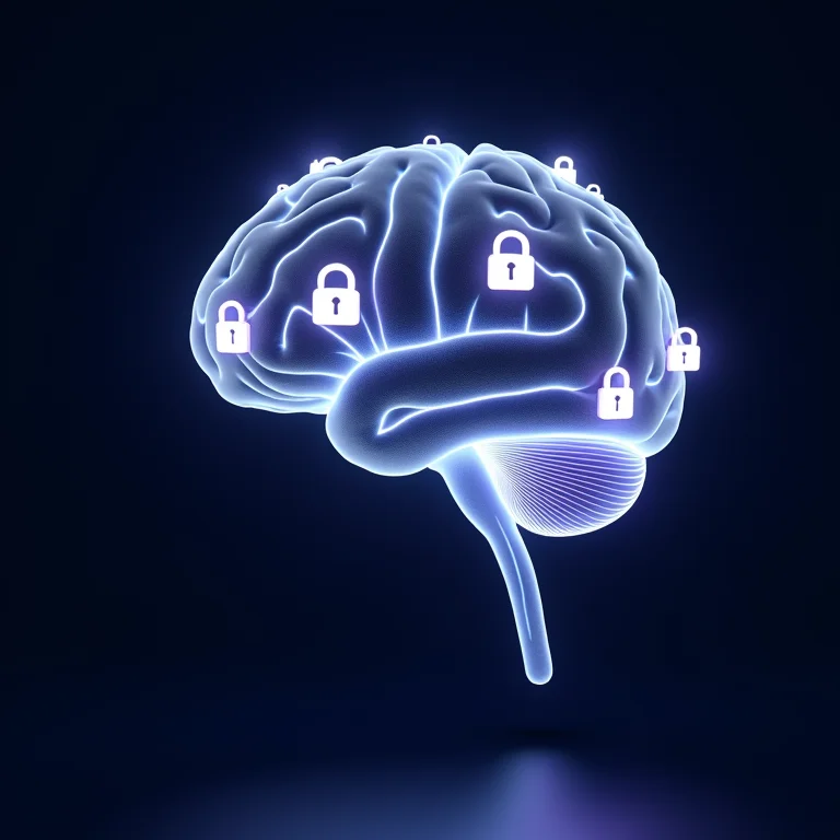 Cérebro de IA conectado a ícones de senhas