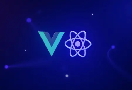 Comparativo visual entre Vue.js e React, frameworks JavaScript para desenvolvimento web.