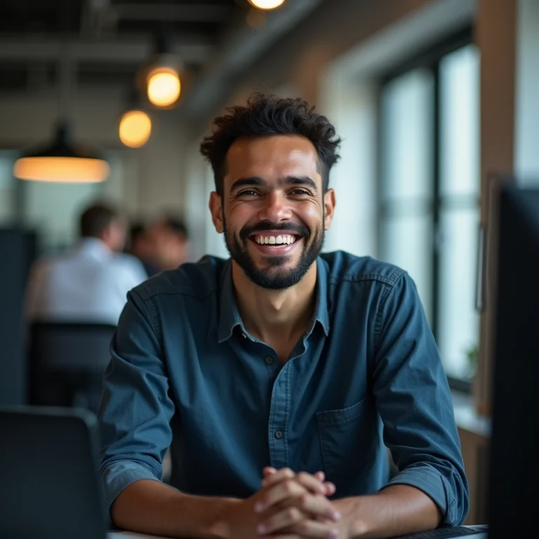 Engenheiro de software experiente utilizando o Maven em um escritório moderno