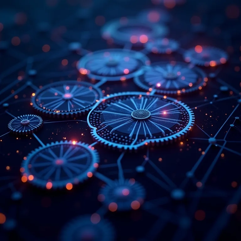 Engrenagens e redes neurais representando a necessidade de governança em IA.