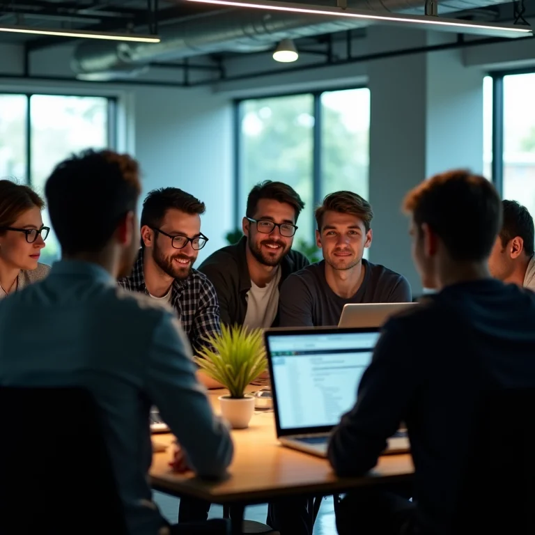 Equipe de desenvolvedores colaborando em um projeto Vue.js.