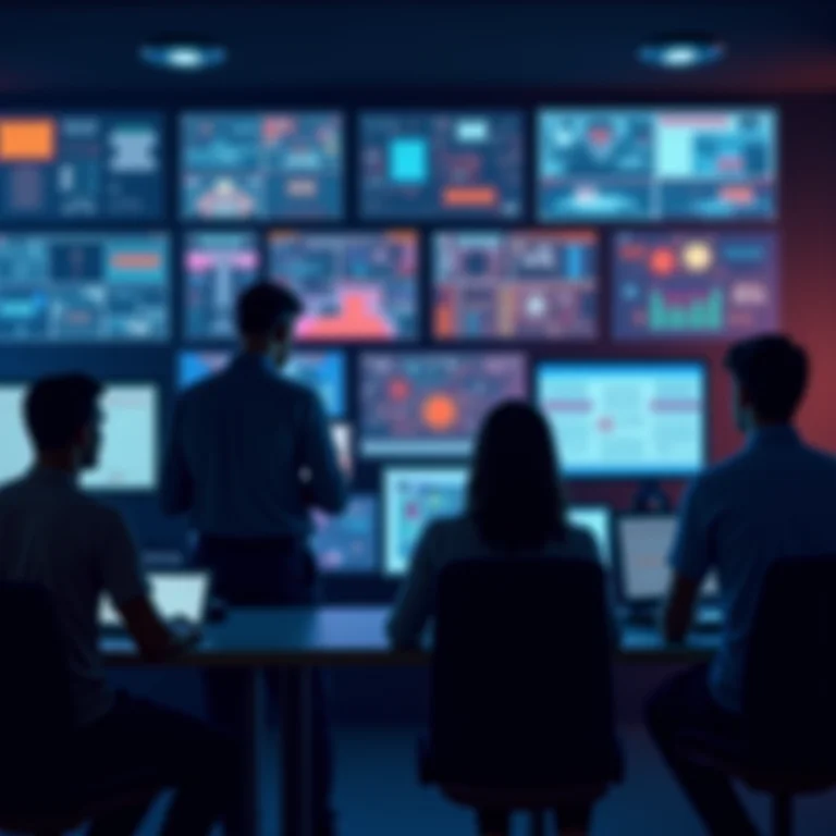 Equipe de segurança monitorando câmeras, representando segurança física.