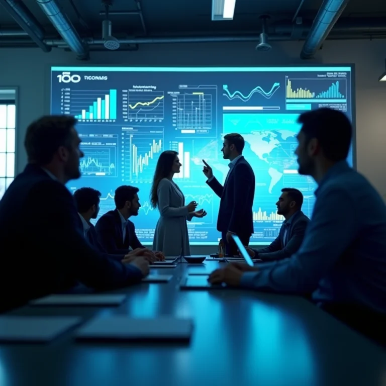 Equipe diversa colaborando em visualizações de dados.