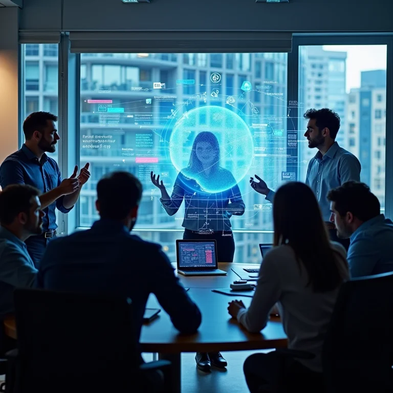 Equipe diversa tomando decisões baseadas em dados holográficos.