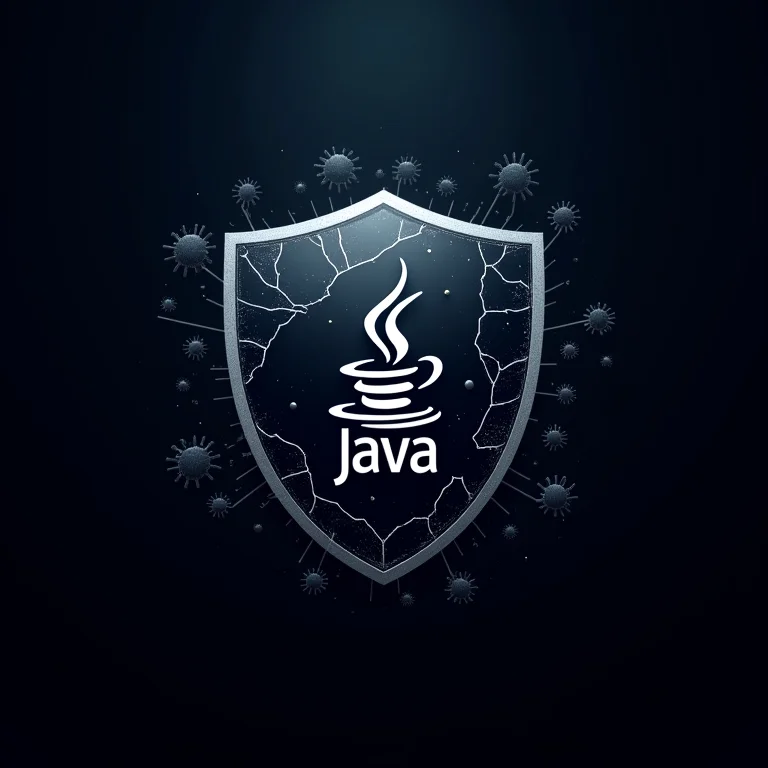 Escudo rachado com o logo Java e ameaças digitais