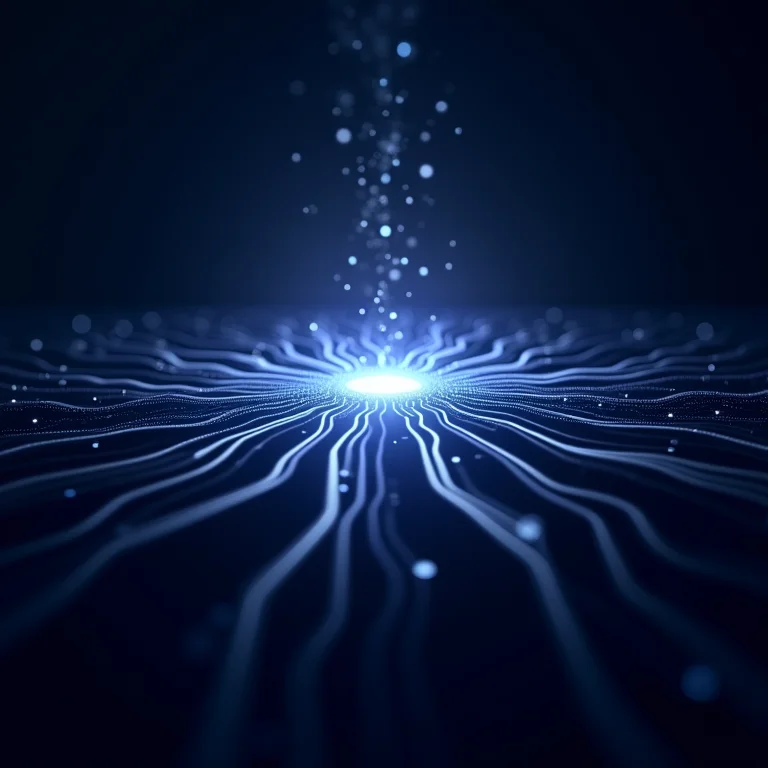 Fluxo de dados convergindo, representando análise de dados e inteligência.