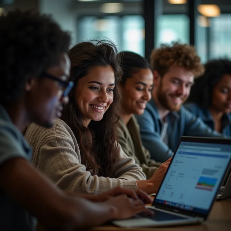 Grupo de estudantes diversos estudando bancos de dados.