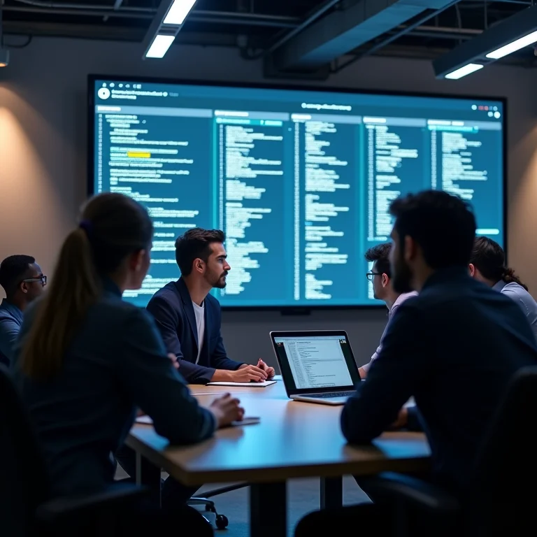 Grupo diverso de desenvolvedores discutindo permissões de usuário