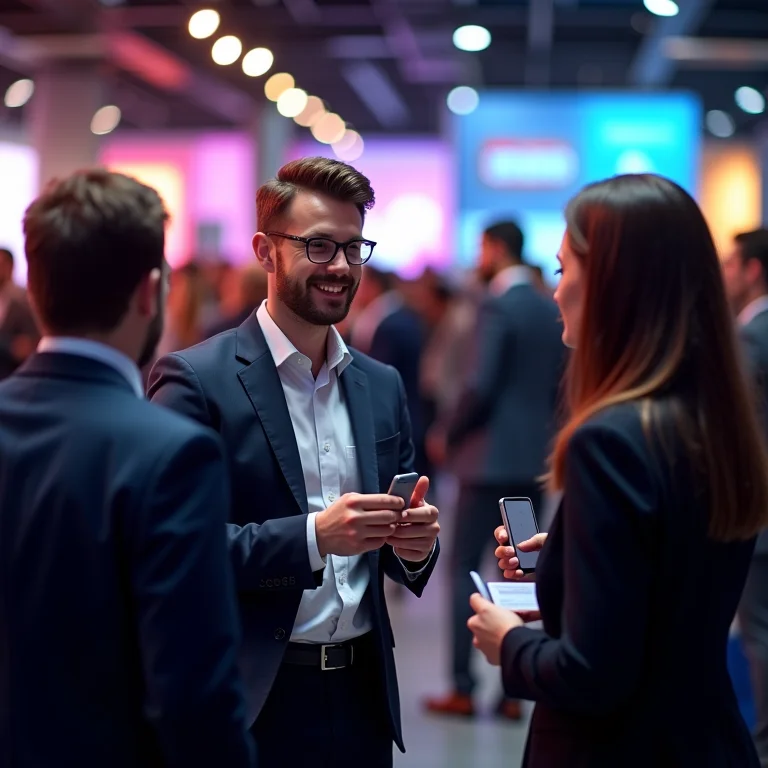 Grupo diverso de profissionais fazendo networking em uma conferência.