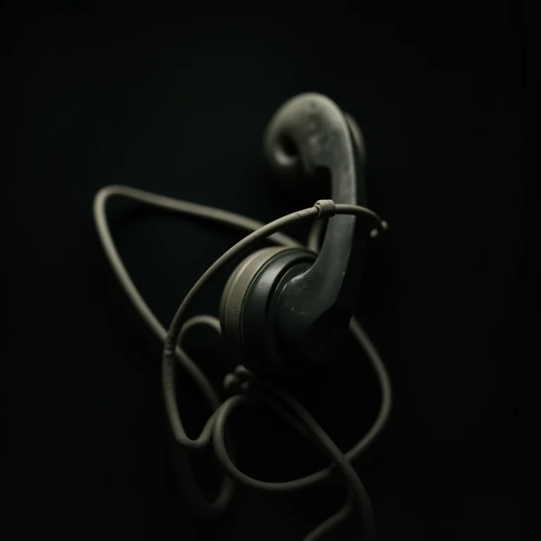 Headset de telemarketing antigo emaranhado em fios