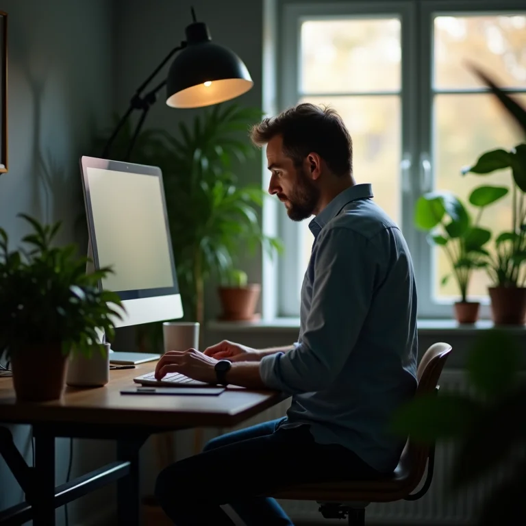 Homem concentrado trabalhando em standing desk