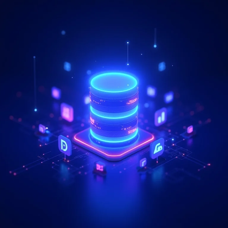 Ícones de software se integrando em um banco de dados central.