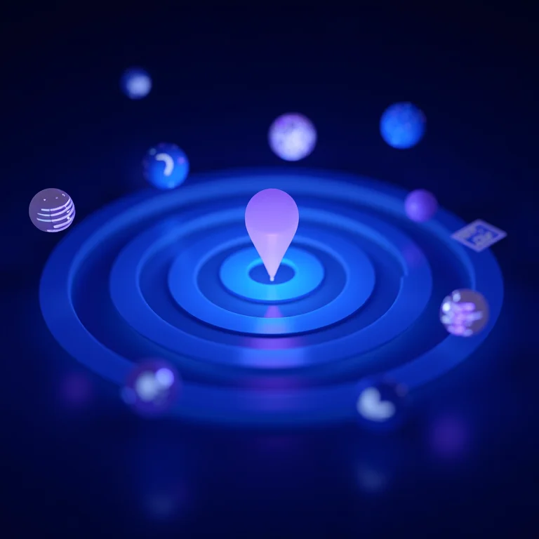 Ícones representando métodos de rastreamento de IP orbitando um alvo digital