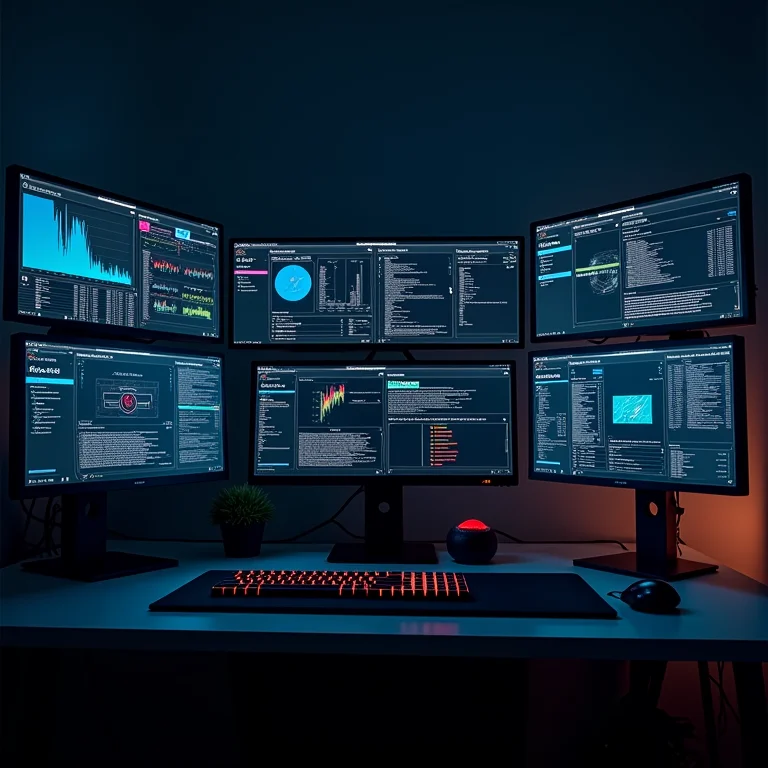 Interfaces de softwares de benchmark exibidas em múltiplos monitores.