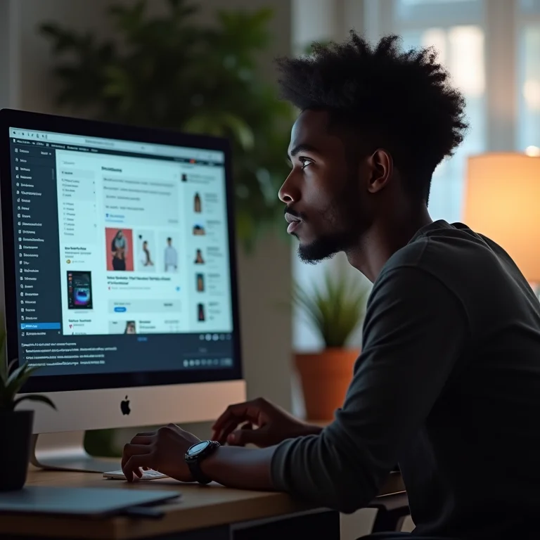 Jovem adulto desconfiado com recomendações de produtos online.