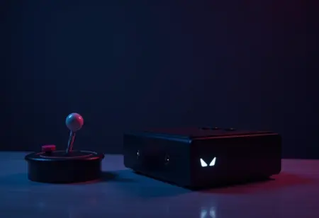 Joystick de videogame antigo conectado a um PC moderno, simbolizando a união do passado e presente dos jogos.