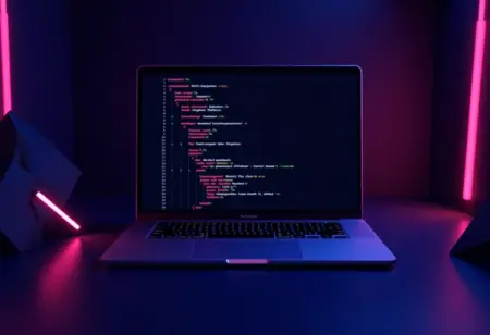 Laptop exibindo código HTML e CSS em ambiente futurista