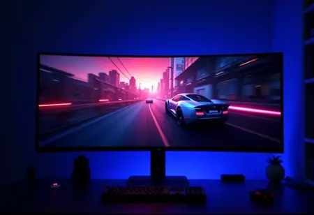 Monitor ultrawide exibindo trabalho e jogos simultaneamente.