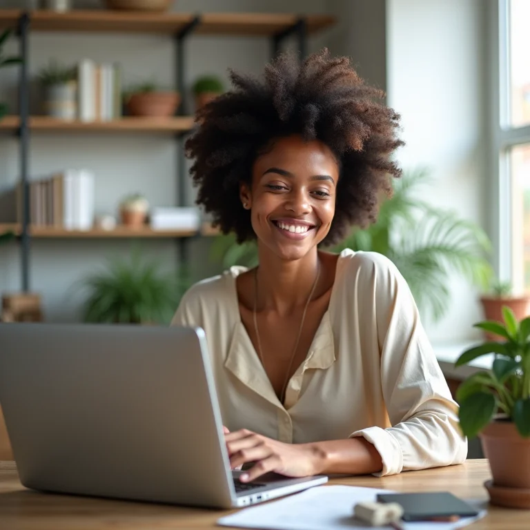 Mulher aprendendo Vue.js em um ambiente de estudo confortável.