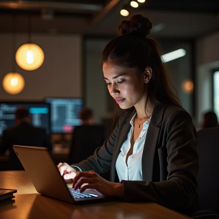 Mulher brasileira trabalhando em um editor de código online em um tablet