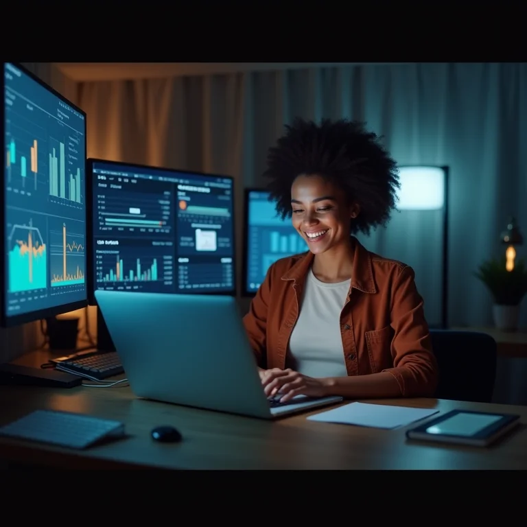 Mulher diversificada trabalhando em casa com dados de vendas.