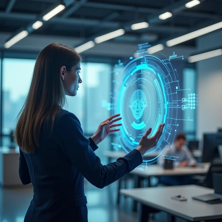 Mulher interagindo com assistente virtual em escritório moderno