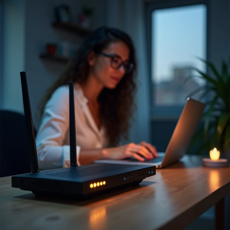 Mulher trabalhando em home office com firewall ativado