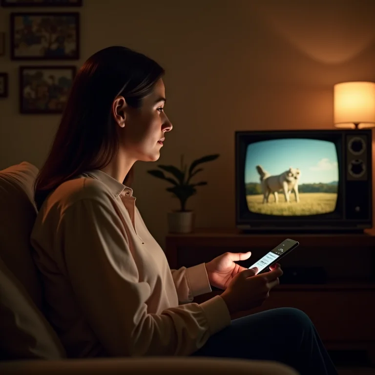 Mulher usando dispositivo de streaming em TV antiga.