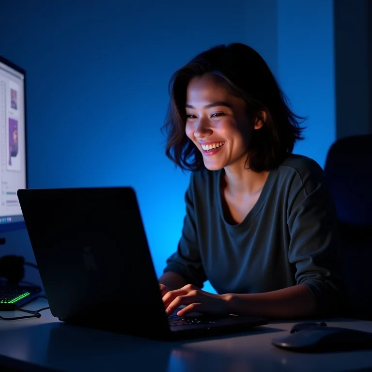 Mulher usando eGPU para jogos em casa.