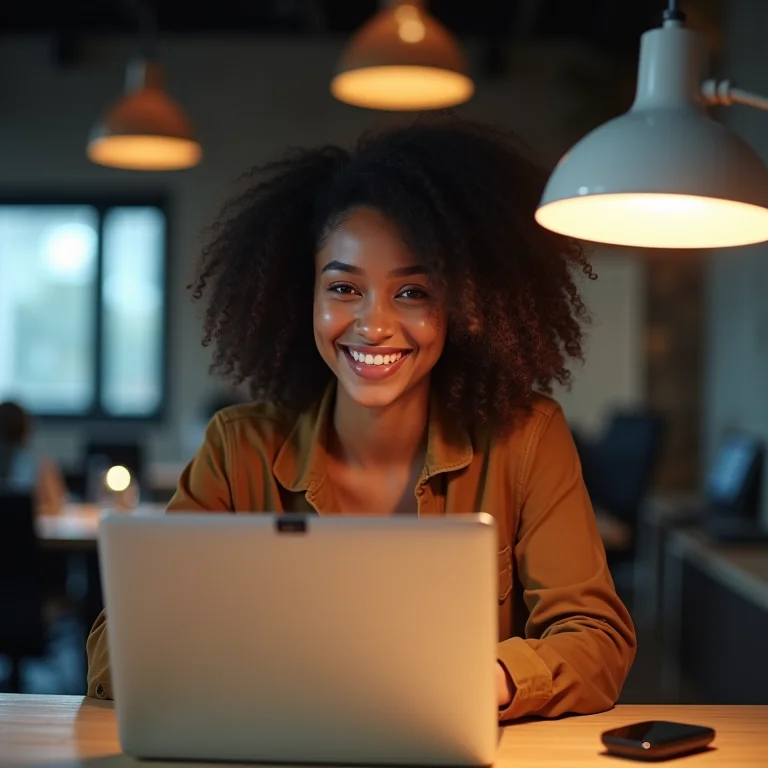Mulher usando laptop com foco na privacidade online.
