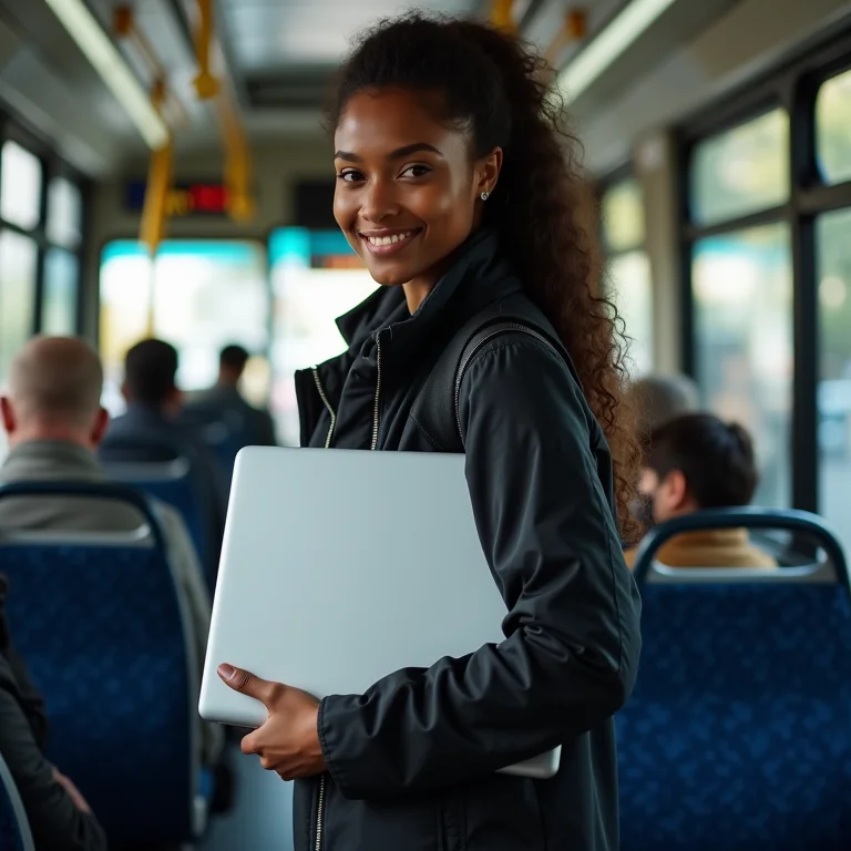 Notebook protegido em transporte público.