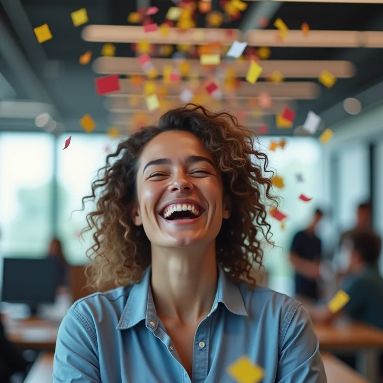 Pessoa celebrando uma promoção em um escritório moderno, simbolizando aumento salarial.