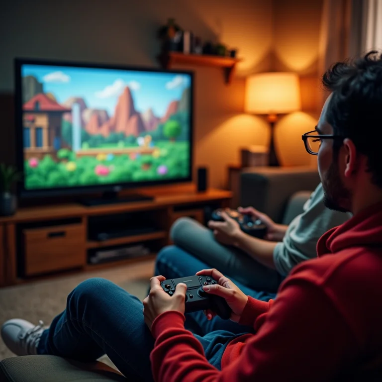 Pessoas de diferentes idades jogando jogos retrô em um PC com joysticks clássicos e gamepads modernos.