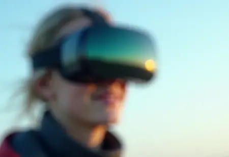 Óculos FPV: O segredo dos pilotos de drone experientes Piloto de drone usando óculos FPV com reflexo da visão do drone