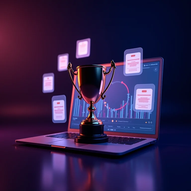 Produtos vencedores em destaque em um laptop.