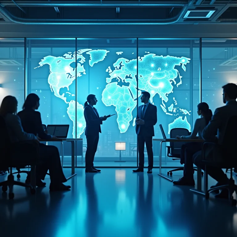 Profissionais colaborando em estratégias de governança de IA em um escritório moderno.