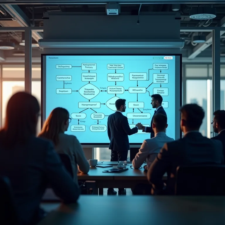 Profissionais criando um fluxograma colaborativo para uma política de viagens com IA.